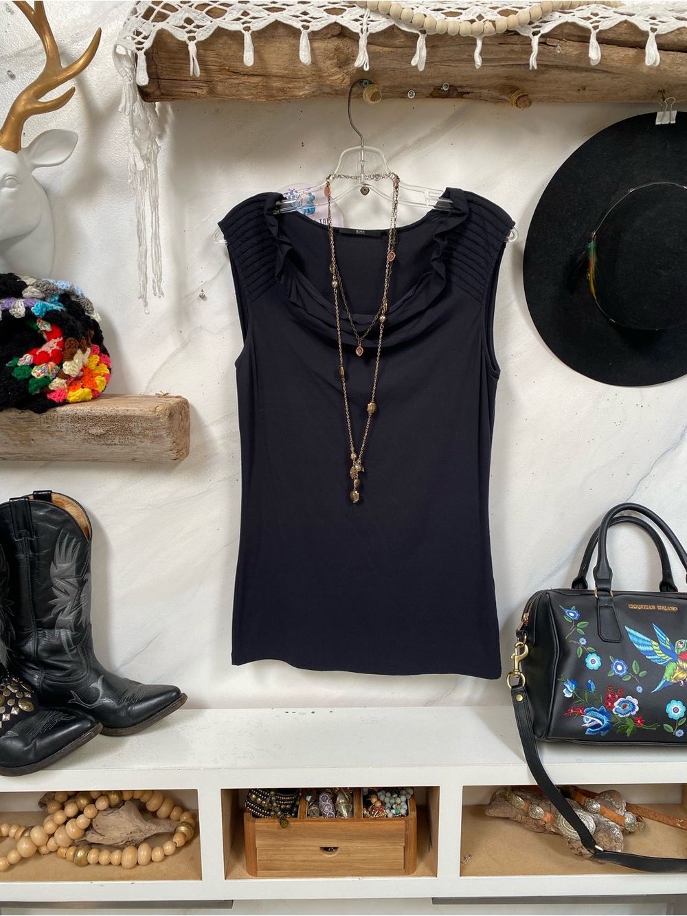 Hugo Boss Black Sleeveless Ruffled Shoulder draped neck tank/blouse luxury vibe